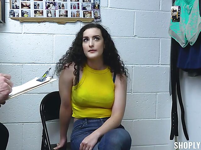Curly brunette shoplifter Lyra Lockhart stripped and fucked