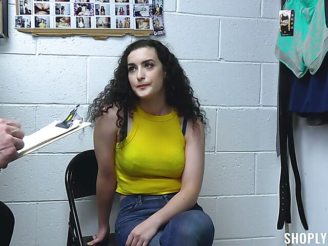 Curly brunette shoplifter Lyra Lockhart stripped and fucked