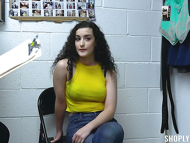 Curly brunette shoplifter Lyra Lockhart stripped and fucked