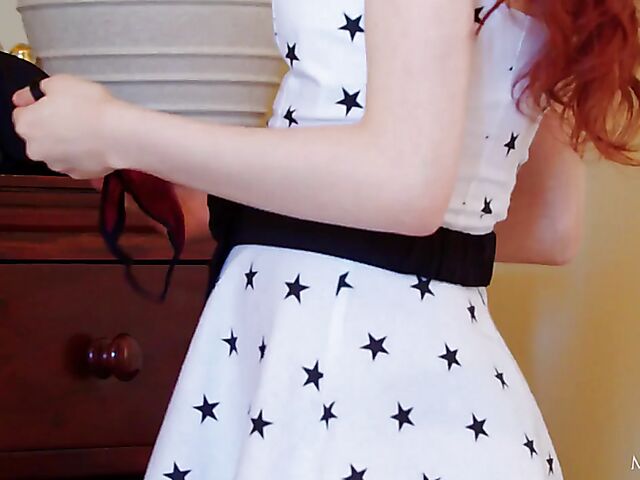 Sherice - Slim redhead teen solo finger fuck in a chair