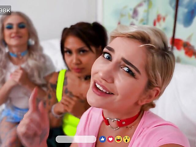 Three girls in fishnets Yumi Sin, Aria Banks and Skye Blue fuck one lucky guy