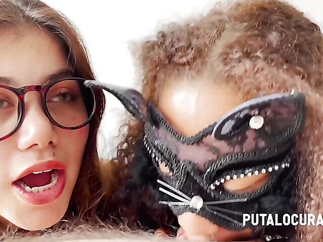 Latina threesome with two sweet Colombian girls Marina Gold and Luna Dark sucking and riding Torbe together