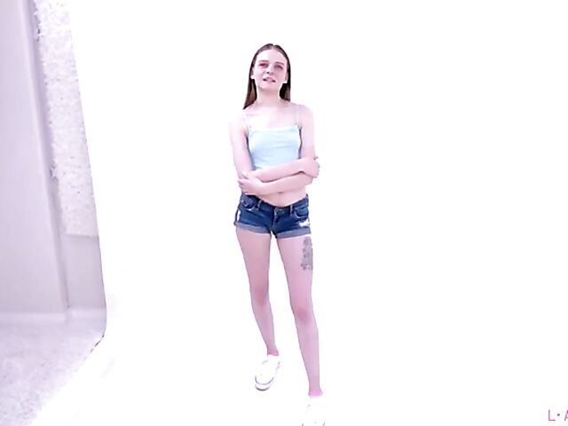 POV fucking and tricky audition with petite young model Jessae Rosae
