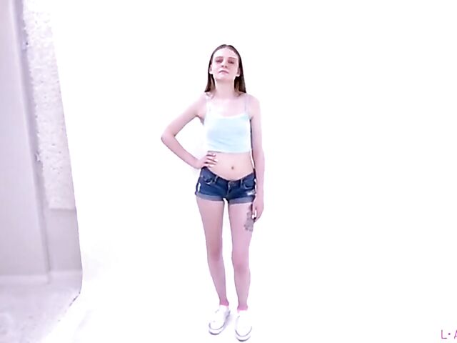 POV fucking and tricky audition with petite young model Jessae Rosae