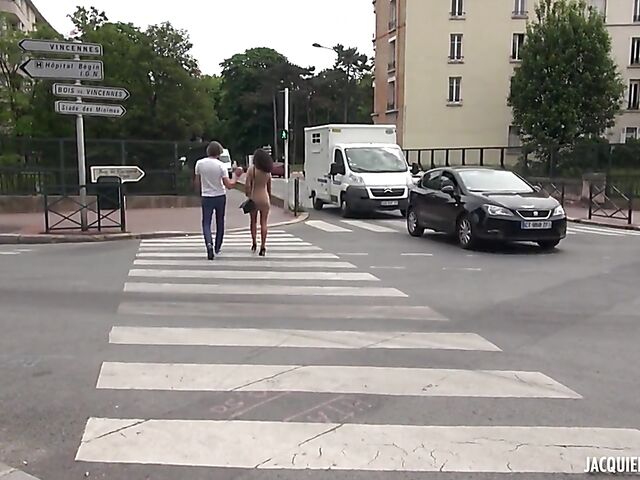 French MILF Neshka flashes her shaved cunt in public and gets screwed