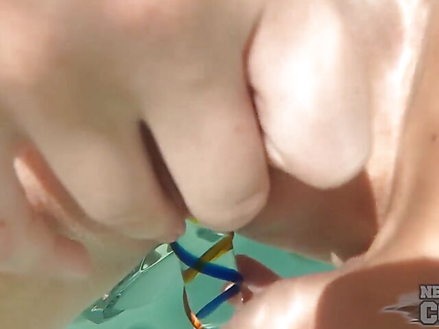 Rooftop hot tub with a glass toy for underwater masturbation