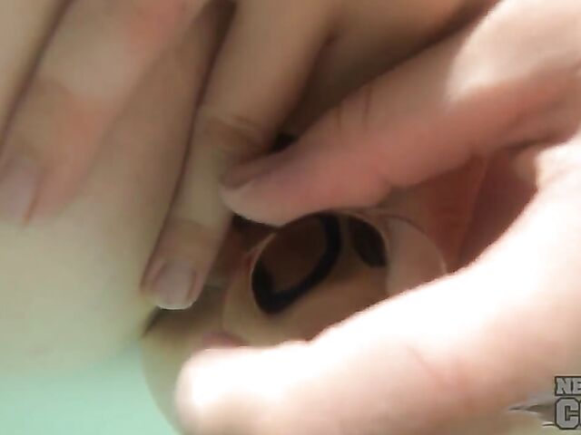 Rooftop hot tub with a glass toy for underwater masturbation