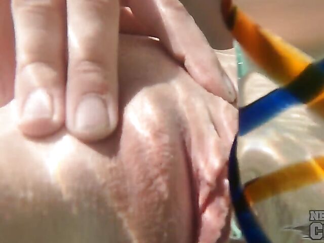 Rooftop hot tub with a glass toy for underwater masturbation