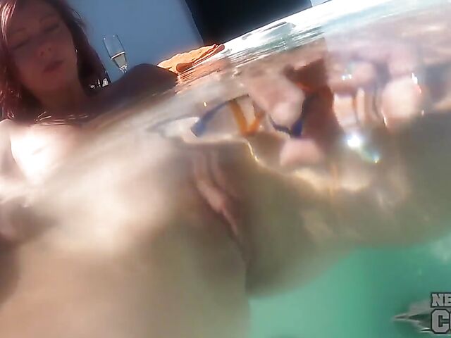 Rooftop hot tub with a glass toy for underwater masturbation