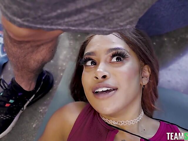 Petite ebony fitness girl Jeni Angel gets her pussy trained by a hard white cock