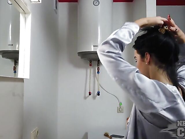 Sexy bathroom solo with pierced brunette Natasha