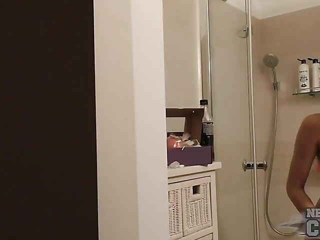 Glass dildo in Paula's hot pussy after shower