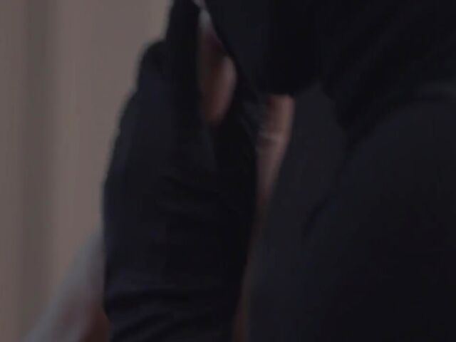 Blindfolded Sybil having passionate sex with a masked robber