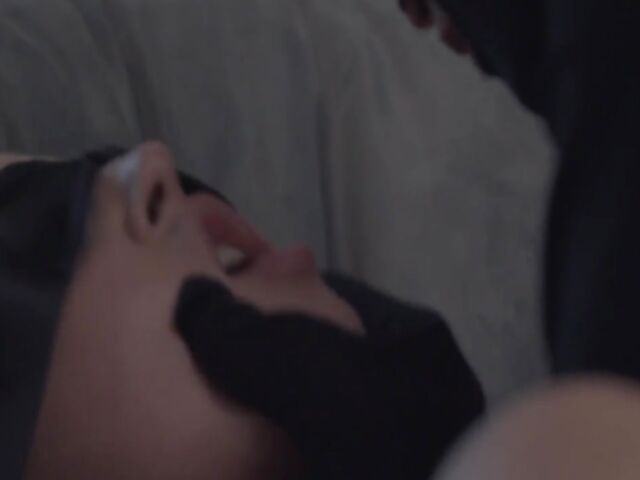 Blindfolded Sybil having passionate sex with a masked robber