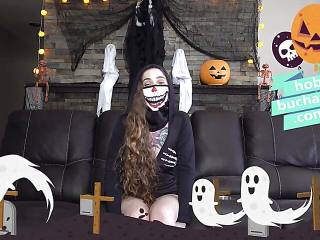 Hard rough sex on Halloween night with a long-haired skeleton girl