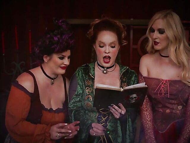 Three big titted milf witches share cock featuring Emmy Demure, Audrey Madison & Summer Hart