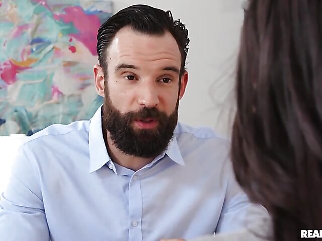 Brunette with glasses Jasmine Wilde uses her nice natural tits on Alex Legend