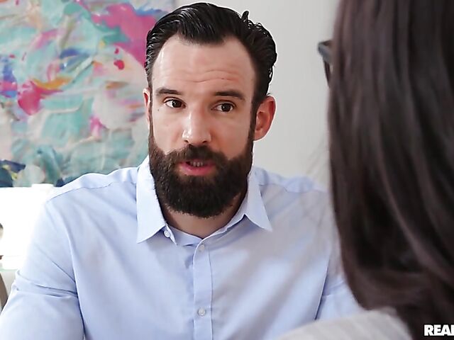 Brunette with glasses Jasmine Wilde uses her nice natural tits on Alex Legend