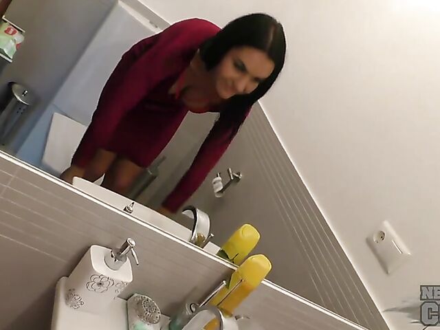 Dressed and undressed sexy brunette Amanda Louise playing with her lipstick