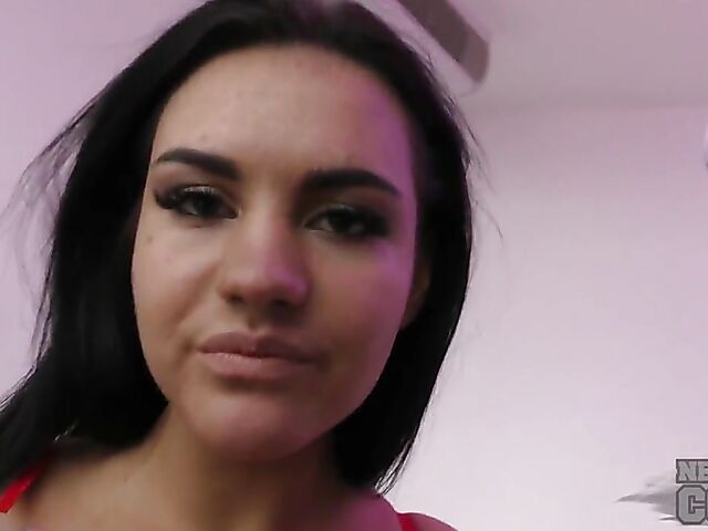 Dressed and undressed sexy brunette Amanda Louise playing with her lipstick