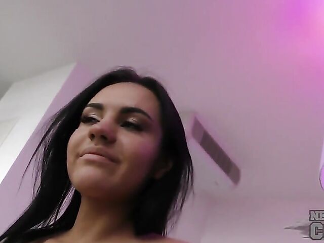 Dressed and undressed sexy brunette Amanda Louise playing with her lipstick