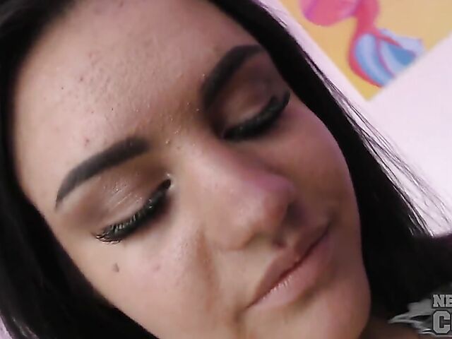 Dressed and undressed sexy brunette Amanda Louise playing with her lipstick