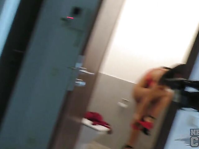 Dressed and undressed sexy brunette Amanda Louise playing with her lipstick