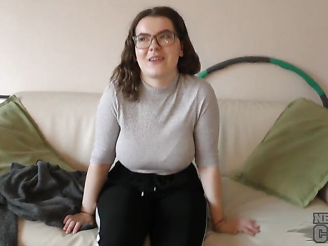 Girl with glasses Marija gets talked into playing with her big natural tits for the camera