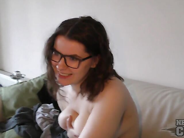 Girl with glasses Marija gets talked into playing with her big natural tits for the camera