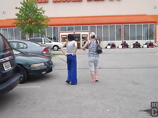 Naughty amateurs Charil and Trinity flashing tits in public