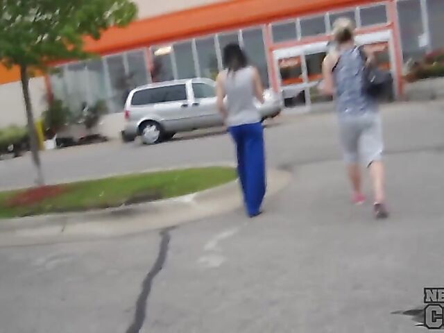 Naughty amateurs Charil and Trinity flashing tits in public