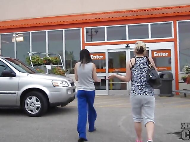 Naughty amateurs Charil and Trinity flashing tits in public