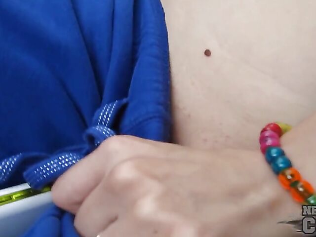 Naughty amateurs Charil and Trinity flashing tits in public