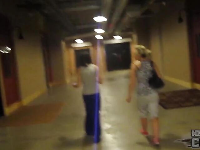 Naughty amateurs Charil and Trinity flashing tits in public