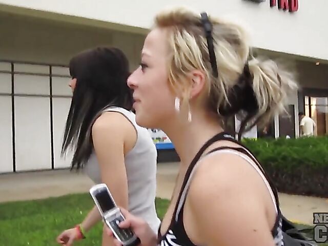 Naughty amateurs Charil and Trinity flashing tits in public