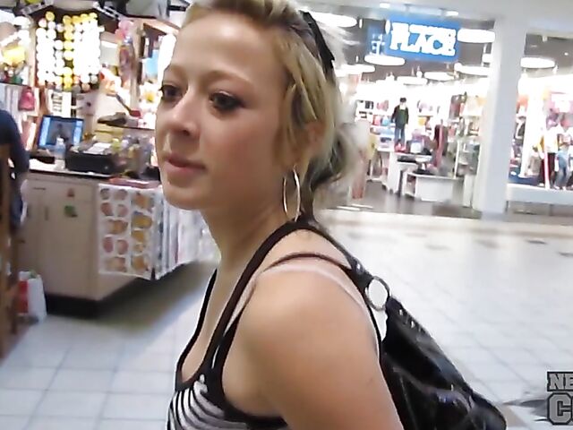 Naughty amateurs Charil and Trinity flashing tits in public