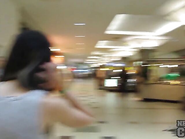 Naughty amateurs Charil and Trinity flashing tits in public