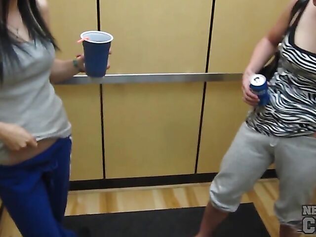 Naughty amateurs Charil and Trinity flashing tits in public