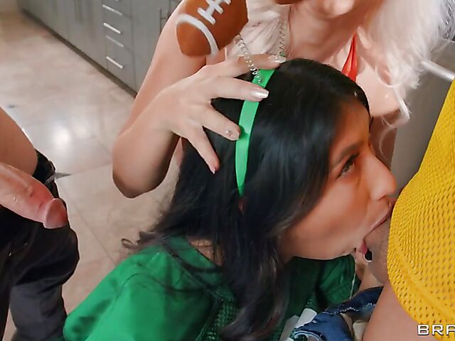 Blonde MILF London River sucks cocks and does anal at a football party