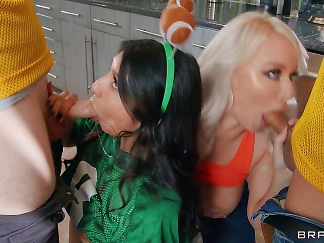 Blonde MILF London River sucks cocks and does anal at a football party