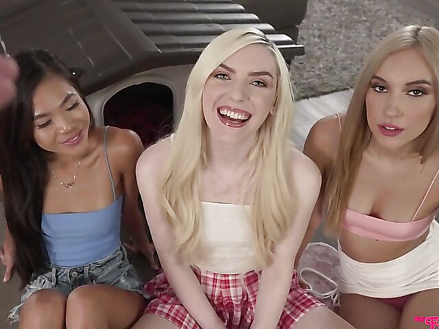 3 girls with bald pussies fuck the same cock featuring Celestina Blooms, Jazmin Luv and Vina Sky