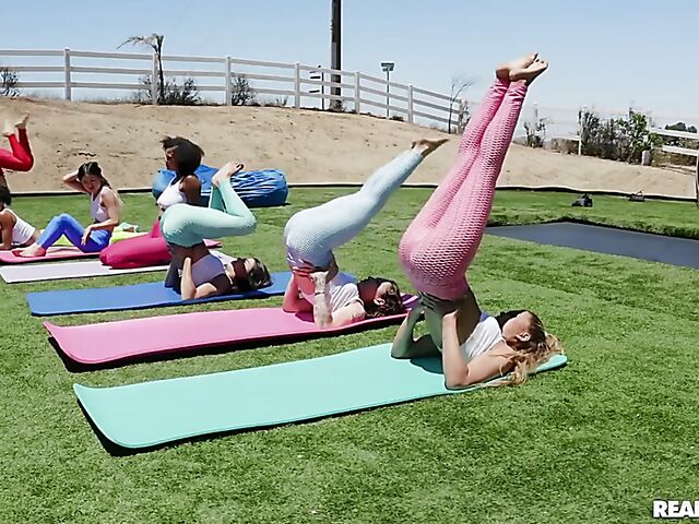 Outdoor group yoga sex party with Alexis Tae, Kylie Rocket, Mia Moore, Alina Ali, Destiny Cruz and Angel Youngs