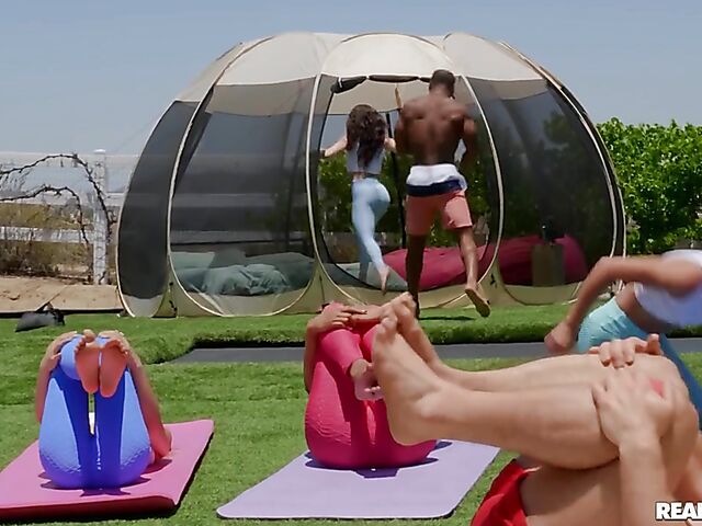 Outdoor group yoga sex party with Alexis Tae, Kylie Rocket, Mia Moore, Alina Ali, Destiny Cruz and Angel Youngs
