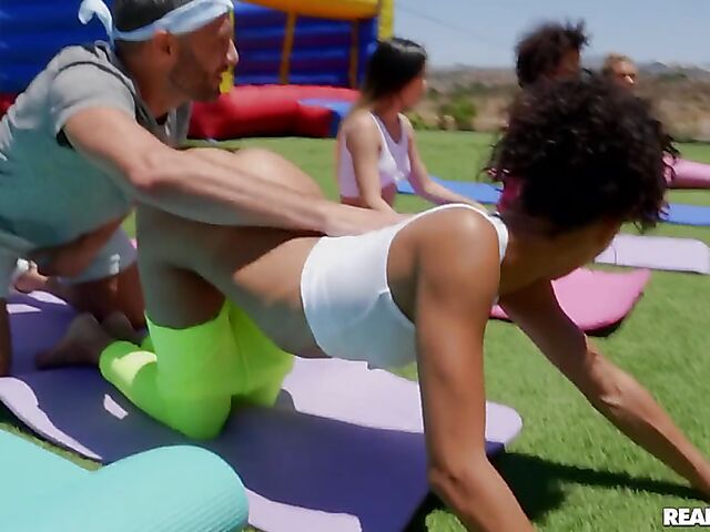 Outdoor group yoga sex party with Alexis Tae, Kylie Rocket, Mia Moore, Alina Ali, Destiny Cruz and Angel Youngs