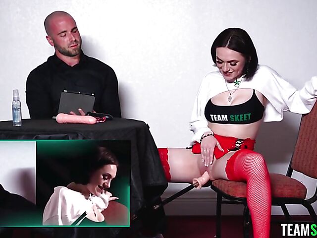 Natural tits girl in red stockings Gracie Gates interviewed while fucked by a dildo machine