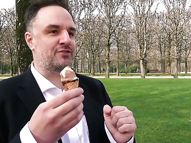 Ania Kinski - Ice cream loving French MILF stockings anal with a fat guy