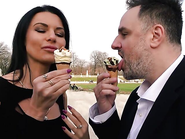 Ania Kinski - Ice cream loving French MILF stockings anal with a fat guy