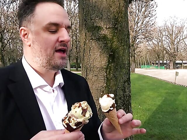 Ania Kinski - Ice cream loving French MILF stockings anal with a fat guy