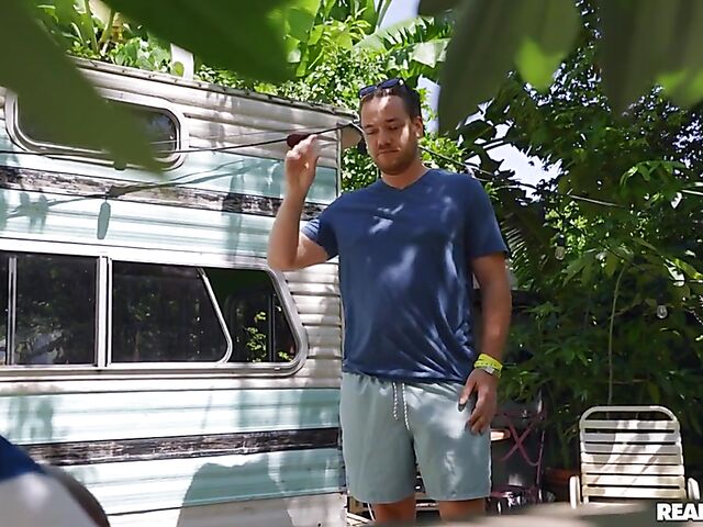 Big tits black babe in a bikini Naomi Foxxx takes a white dick outside