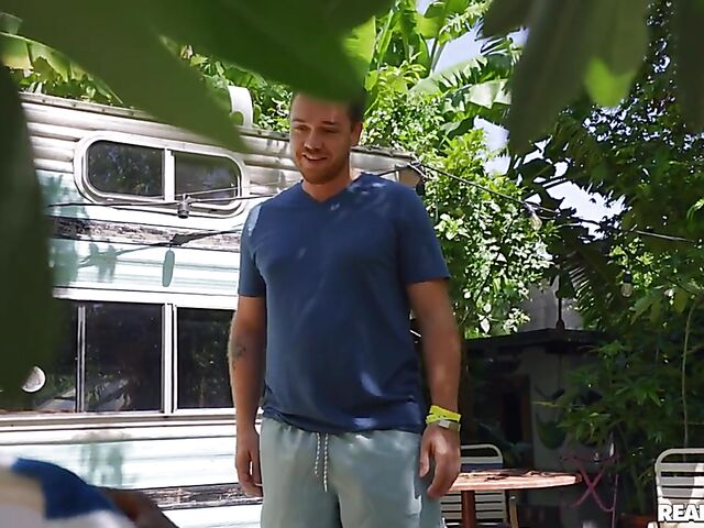 Big tits black babe in a bikini Naomi Foxxx takes a white dick outside